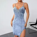 Womens Denim Dress Slim Fit V Neck Backless Asymmetrical Design Casual Summer Wear Wholesale Ava