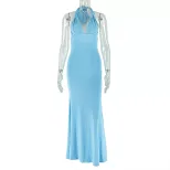 Elegant Womens Bodycon Dress Halter Neck Sleeveless Solid Color Backless Design Perfect for Part
