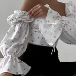 Womens Floral Crop Top Fresh Sweet French Style Puff Sleeves Square Neck Tie Detail Perfect for