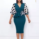 Plus Size Womens Dress Fashionable Polka Dot Mesh Panel V Neck Elegant Style for Parties Wholesa
