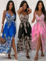 Floral Maxi Dress Sexy V Neck Spaghetti Straps Side Slit Vacation Style Wholesale Available