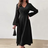 French Style V Neck Midi Dress Elegant A Line Silhouette High Waist Autumn Winter Fashion Wholes