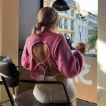 Knit Sweater Round Neck Long Sleeve Sexy Backless Tie Design Short Style Casual Wear for Autumn