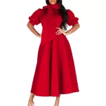 Elegant Puff Sleeve Solid Color Maxi Dress Waist Tie Flattering Fit Spring Summer Style Wholesal