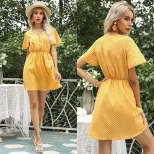 Summer Yellow Polka Dot Dress Short Slim Fit V Neck Casual Style Perfect for Parties or Everyday