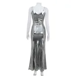 Metallic Silver Backless Mermaid Dress Sexy Sleeveless Liquid Fabric Elegant Evening Gown Wholes