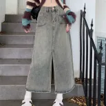 下摆开叉水洗高腰牛仔中长裙女春秋装韩版时尚百搭遮肉半身裙子