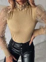 Womens Sheer Mesh Puff Sleeve Color Block T Shirt Elegant Solid Color Pearl Detail Office Wear C