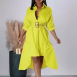 Womens Button Up Shirt Dress Solid Color Loose Fit Stylish Design Irregular Hem Casual Wear for