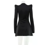 Fashionable Womens Hollow Out Dress Sexy Shoulder Pads Solid Color Waist Defining Design Autumn