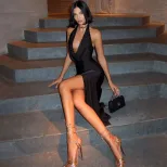 Sleeveless Deep V Neck Backless Maxi Dress High Slit Sexy Elegant Perfect for Red Carpet Events