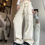 美式高街白色工装裤女秋季新款设计感多口袋宽松显瘦阔腿长裤子潮
