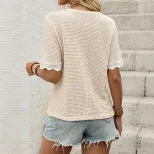 Casual Vacation Blouse Short Sleeve V Neck Lace Panel Design Relaxed Fit for Summer Wholesale Av
