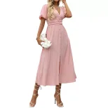 High End Pink Puff Sleeve Dress Elegant Design Perfect for Valentines Day or Special Occasions W