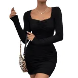 Slim Fit Color Block Lace Trim Knitted Long Sleeve Dress Womens Autumn Winter Collection Elegant