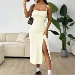 Womens Casual High Waisted Split Midi Dress Simple Design Adjustable Straps Slim Fit Spring Summ