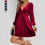 Velvet A Line Dress Sexy V Neck Long Sleeve Waist Cinching Autumn Winter Party Wear Wholesale Av