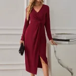 V Neck Midi Dress Elegant Long Sleeve High Slit French Style Perfect for Parties and Events Whol