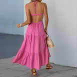 Pink Halter Neck Color Block Dress for Women Sweet Summer Vacation Style Available in S to XL Wholesale Ready to Ship