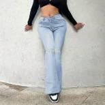 High Waisted Ripped Wide Leg Jeans Stretchy Fabric Versatile Style Trendy Design Casual Wear Who