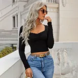Womens Spring Summer Lace Square Neck Slim Fit Cropped Knit Long Sleeve Top Versatile Style for