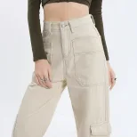 High Waisted Straight Leg Work Pants Loose Fit Wide Leg Large Pockets Casual Denim Trousers for