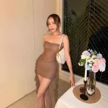 Chic Sheer Mesh Dress Sexy Strapless Design with Starry Rhinestone Accents Perfect for Winter Pa