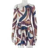 Printed Color Block A Line Dress Slim Fit Off Shoulder Neckline Raglan Sleeves Casual or Party W