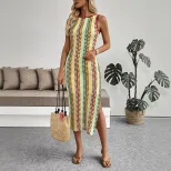 Sleeveless Striped Color Block Bodycon Dress Round Neck Ethnic Style Vacation Wear Wholesale Ava