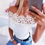 欧美跨境女装上衣时尚休闲纯色蕾丝花边拼接短袖女士T恤一字领