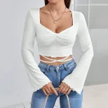 Elegant Long Sleeve Blouse Flared Sleeve Waist Tie V Neck Perfect for Dates and Casual Outings W