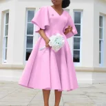 V Neck Flare Sleeve Dress Elegant A Line Silhouette Fashionable Design Perfect for Parties Whole