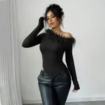 Feather Trimmed Asymmetrical Hem Long Sleeve Top Unique Design Slim Fit Spring Summer Style Whol