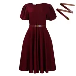 Elegant A Line Dress with Puff Sleeves Round Neck Waist Defined Flowy Skirt Perfect for Parties