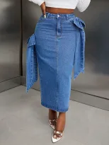 High Waisted Denim Skirt European and American Style Bow Design Color Block Casual Wear for Wome