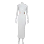 Sleeveless Hollow Out Dress Metallic Accents Solid Color Sexy Split Design Nightclub Wear for Wo