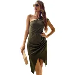 One Shoulder Solid Color Bodycon Dress Irregular Hem Green Spring Summer Perfect for Parties and