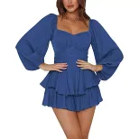 Womens Ruffled Jumpsuit Lantern Long Sleeves Square Neck Waist Cinching Chic Style Summer Casual