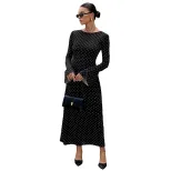 Black Polka Dot Maxi Dress for Women Long Sleeve Open Back Slim Fit Adjustable Tie Spring Summer