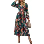 Floral Print Long Sleeve Dress Elegant Green Design Autumn Party Travel Wear Wholesale Available