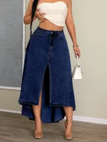 Elegant High Slit Denim Maxi Skirt Irregular Hem Womens Fashion Casual Wear Wholesale Available