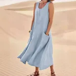 Summer Womens Cotton Linen Dress Sleeveless Round Neck Pocket Design Casual Wear for Everyday Us