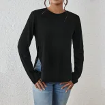 Womens Casual Loose Fit Long Sleeve T Shirt Round Neck Side Slit Versatile Style Autumn Winter C