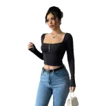 Long Sleeve Cropped T Shirt Sexy Slim Fit Square Neck Stretch Fabric Autumn Fashion for Women Wh