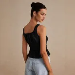 Sweet Ruffled Hem Drawstring Cami Top Square Neck Slim Fit Backless Flowy Design Casual Summer W