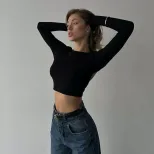 Womens Long Sleeve Crop Top Sexy Backless Design Solid Color Slim Fit Stylish Winter Fashion Who