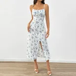 Floral Print A Line Midi Dress Fresh Style High Waist Sleeveless Summer Casual Wear Wholesale Av