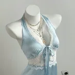 C2现货-95292#亚马逊跨境欧美蕾丝拼接V领纯欲挂脖绑带女装连衣裙