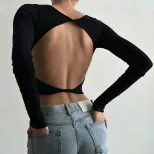 Womens Long Sleeve Crop Top Sexy Backless Design Solid Color Slim Fit Stylish Winter Fashion Who