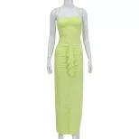 Womens Halter Neck Dress Slim Fit Ruffle Trim Pleated Side Slit Elegant Long Dress for Parties a
